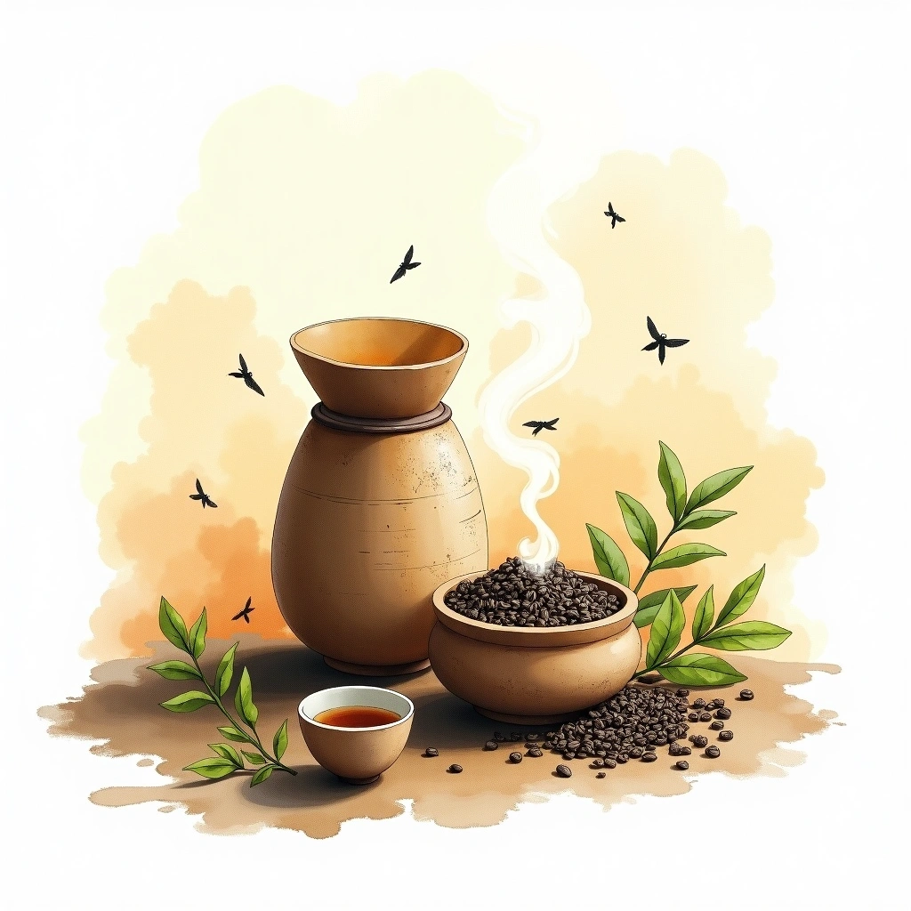 Aging / Post-fermentation tea processing — watercolor illustration