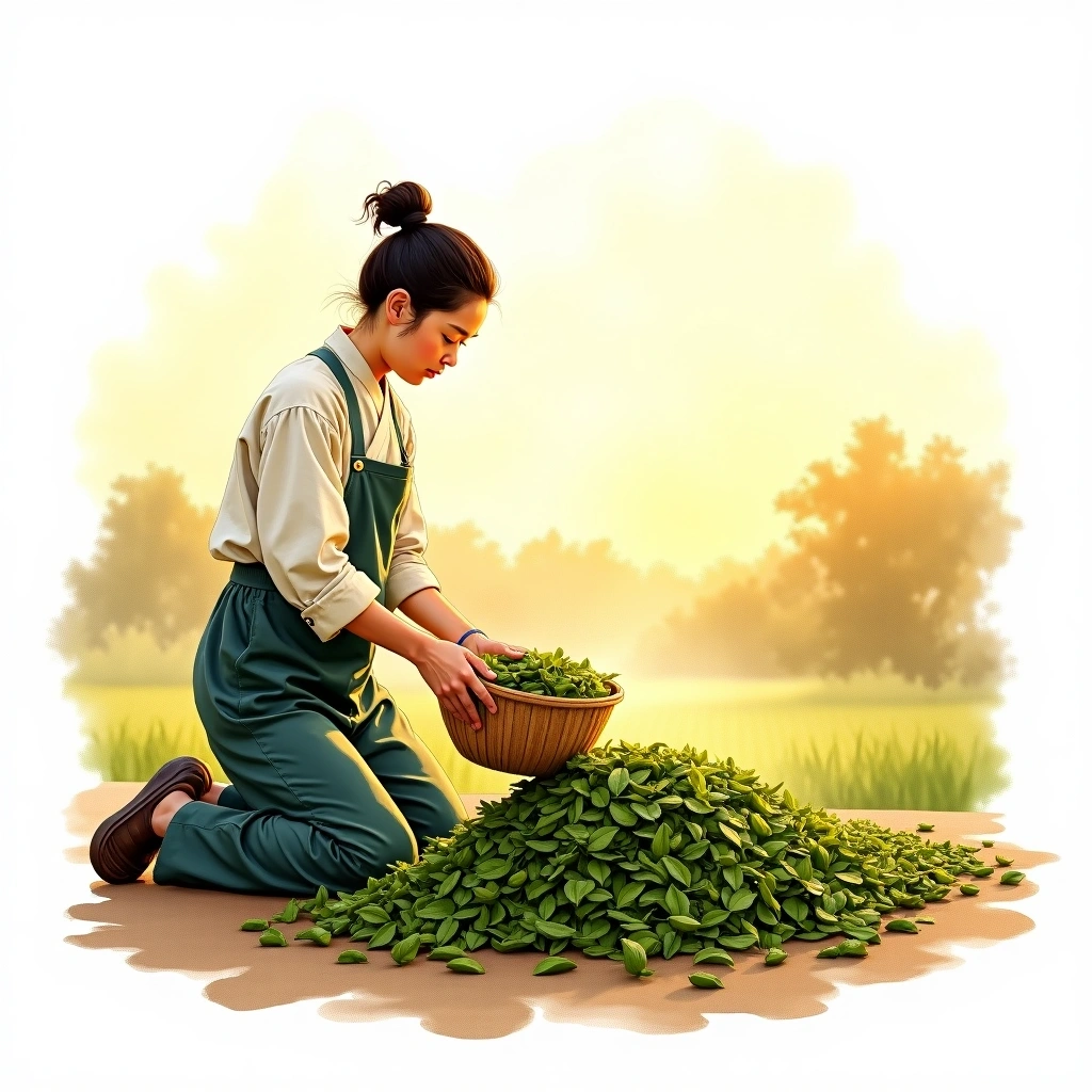 Drying tea processing — watercolor illustration