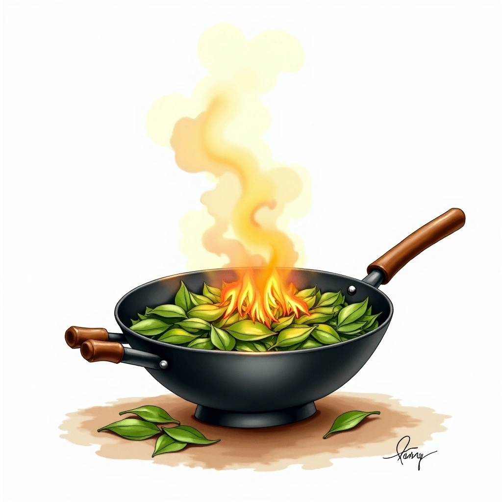 Firing (Roasting) tea processing — watercolor illustration