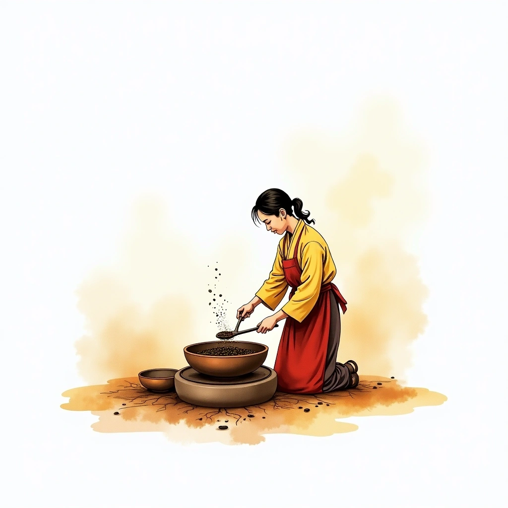 Grinding tea processing — watercolor illustration