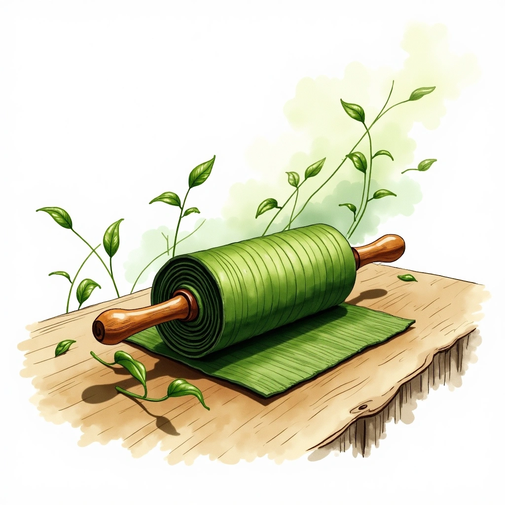 Rolling tea processing — watercolor illustration