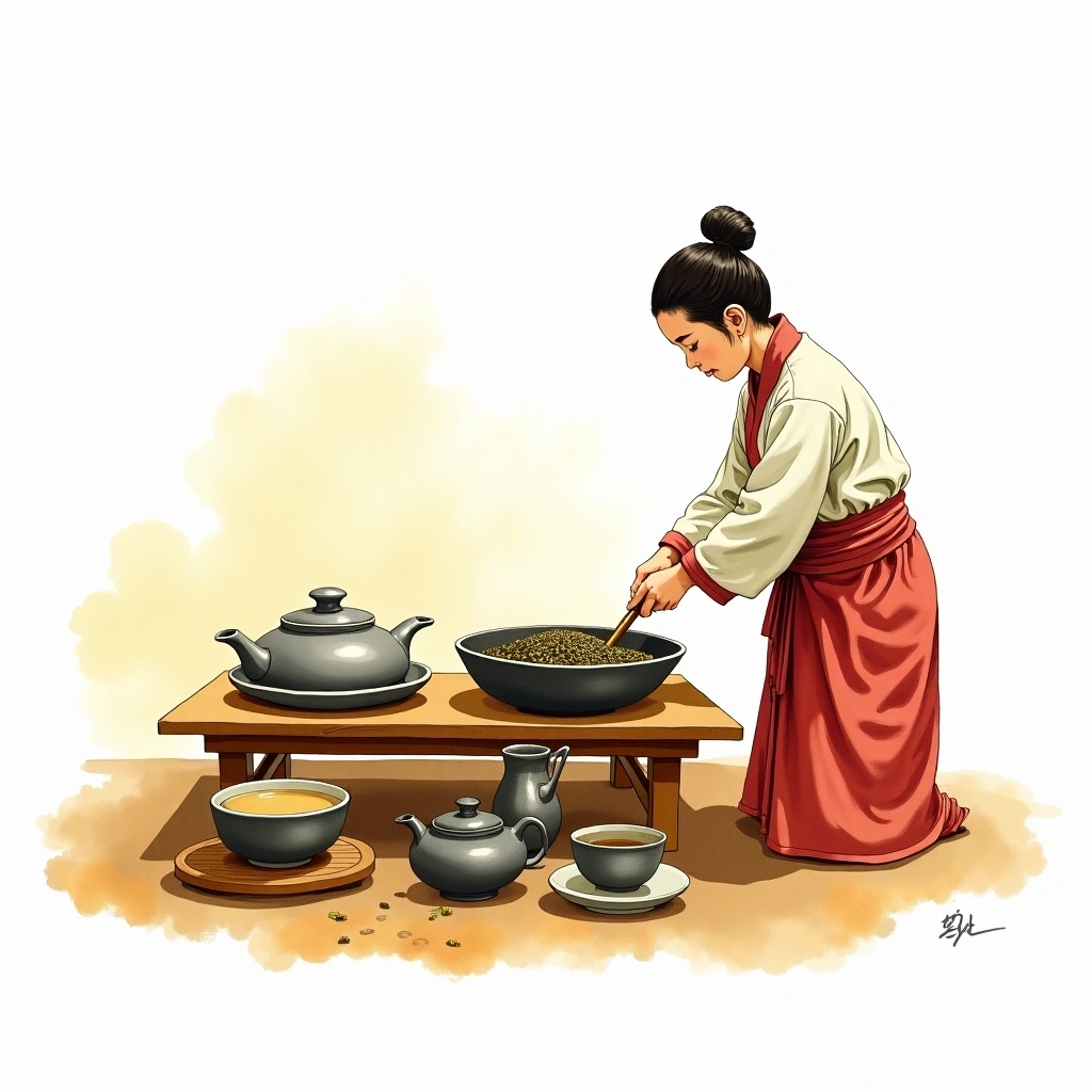 Shading tea processing — watercolor illustration