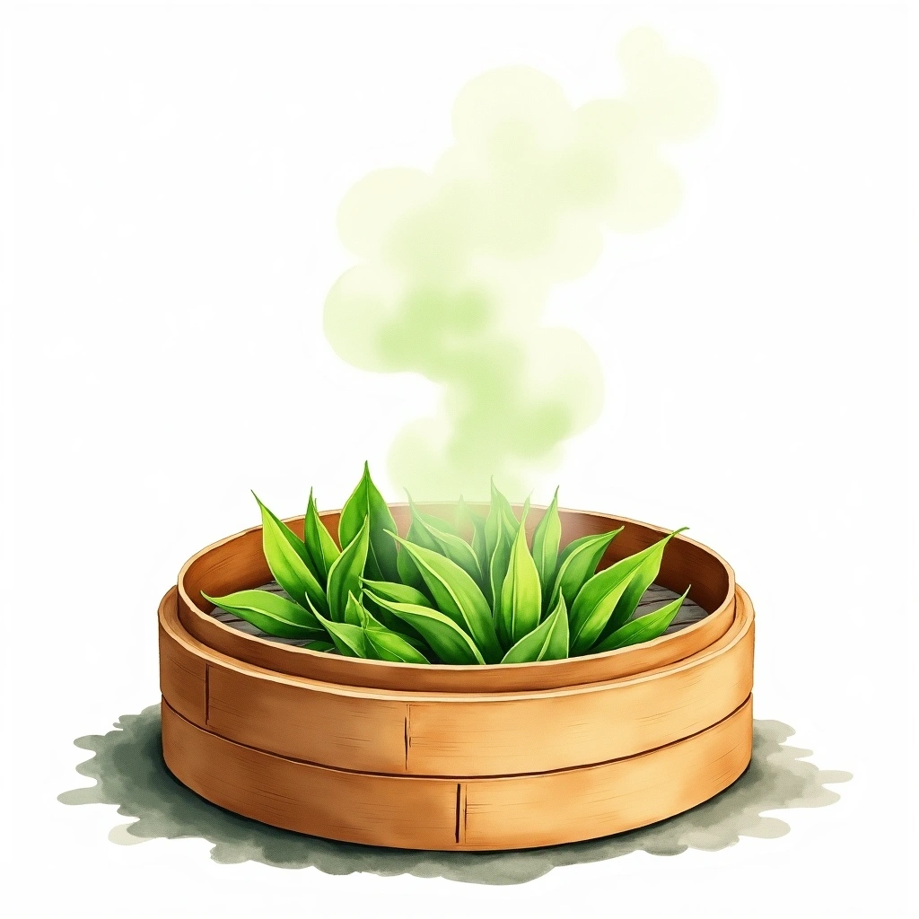 Steaming tea processing — watercolor illustration