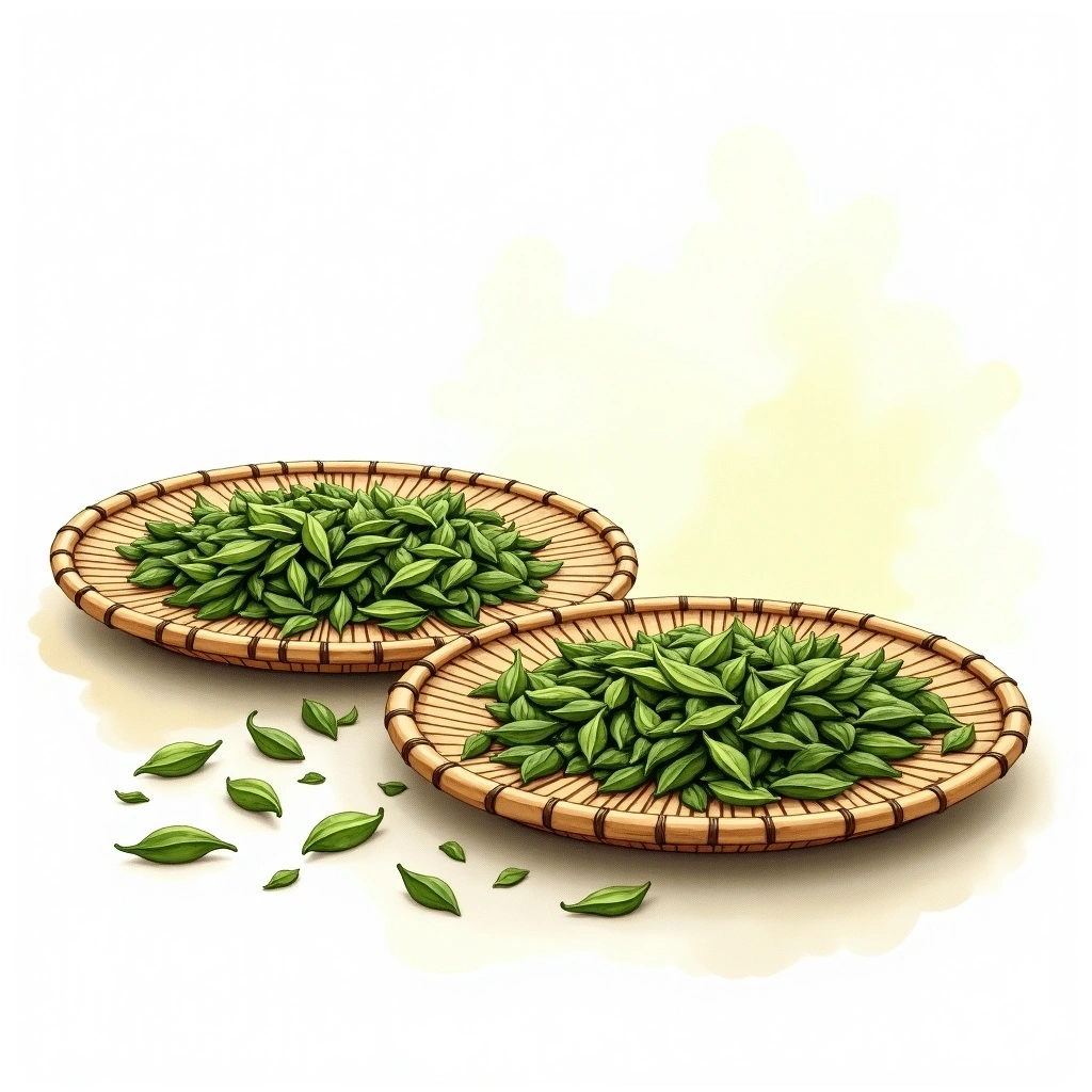 Withering tea processing — watercolor illustration