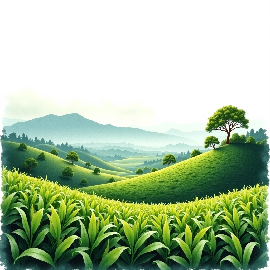 Assam tea growing region — watercolor illustration