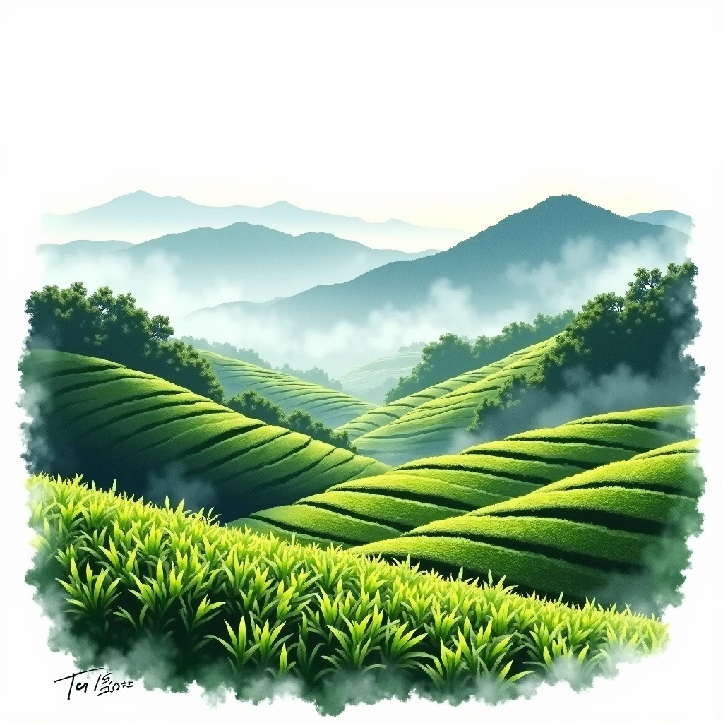 Boseong tea growing region — watercolor illustration