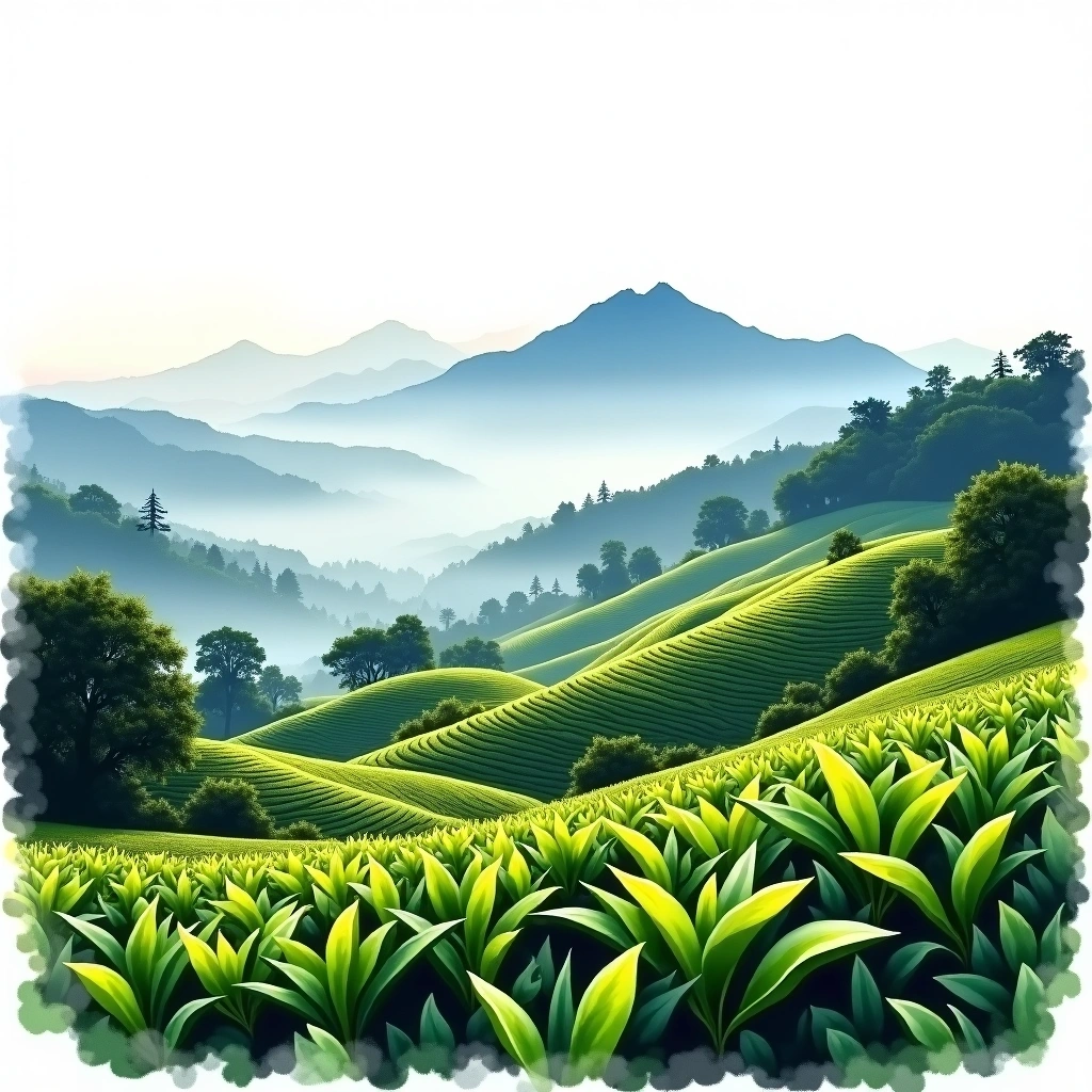 Darjeeling tea growing region — watercolor illustration