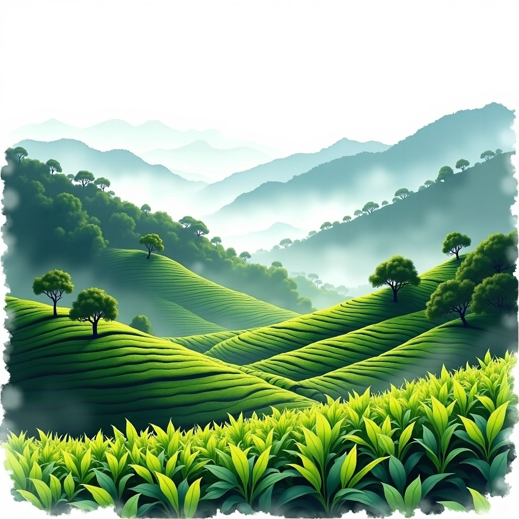Fujian Fuding tea growing region — watercolor illustration