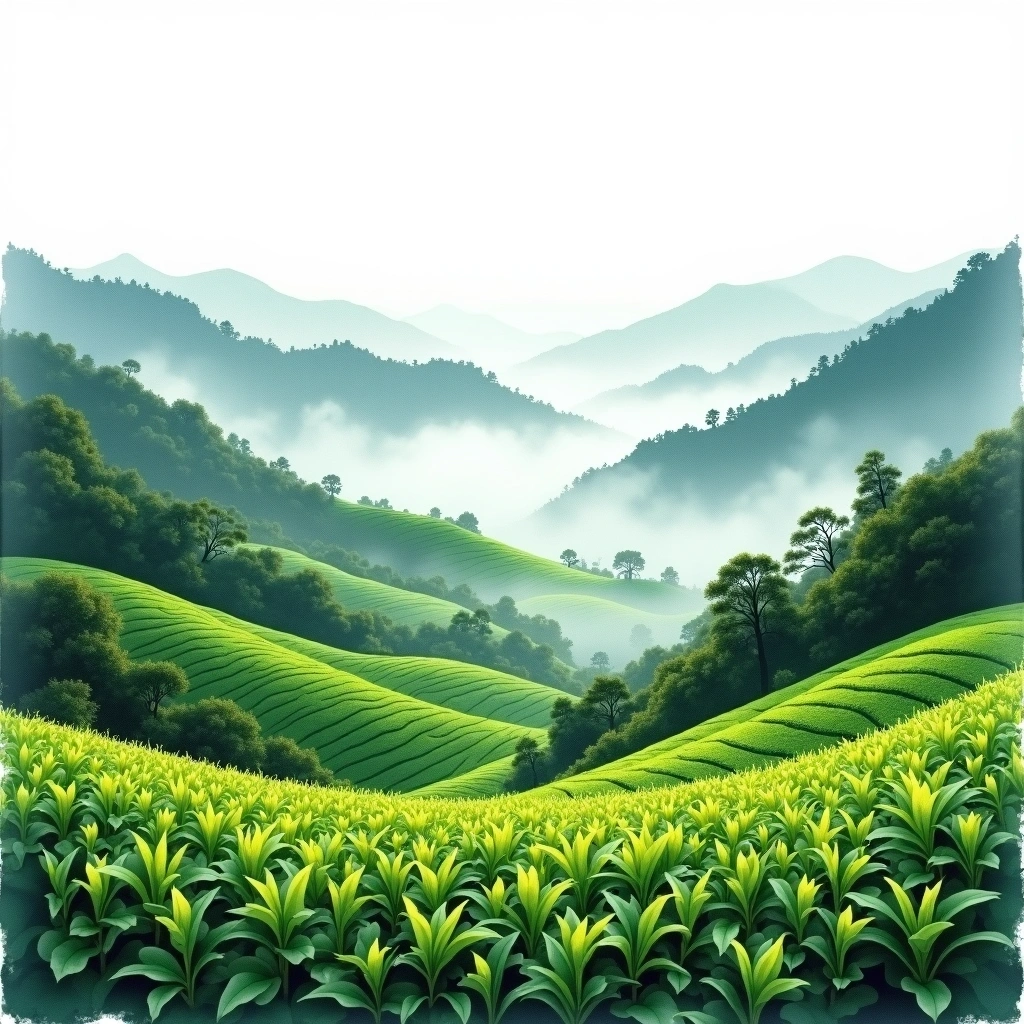 Fujian Wuyi Mountains tea growing region — watercolor illustration