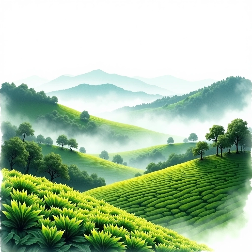Jiangsu Dongting tea growing region — watercolor illustration