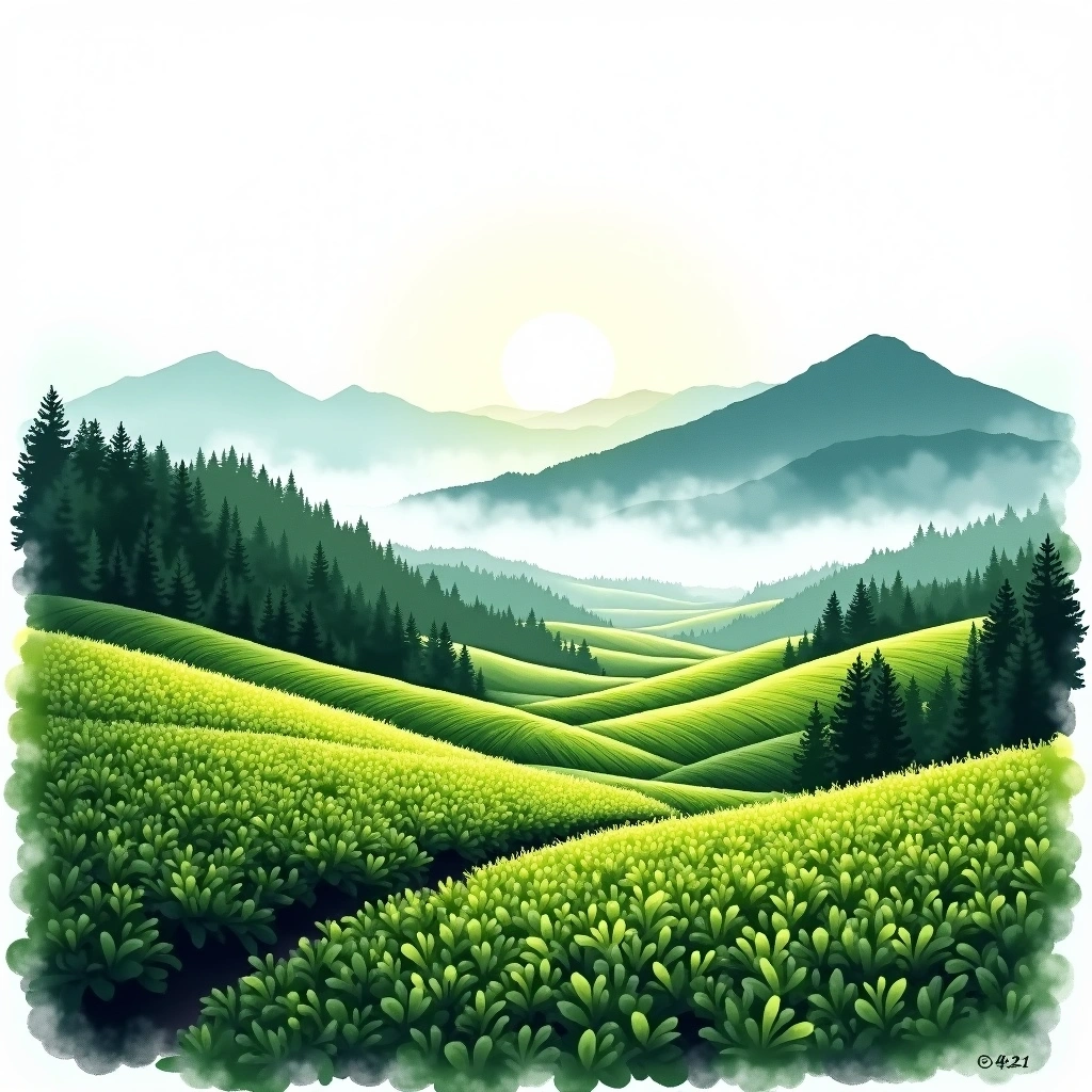 Kagoshima tea growing region — watercolor illustration