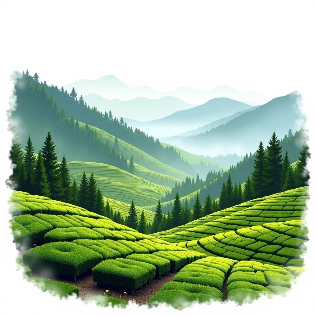 Kangra Valley tea growing region — watercolor illustration