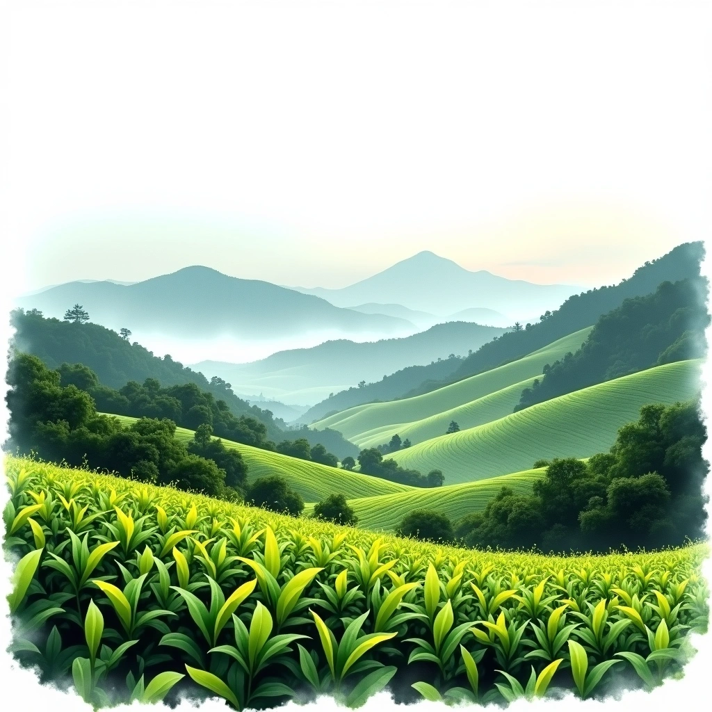 Munnar, Kerala tea growing region — watercolor illustration