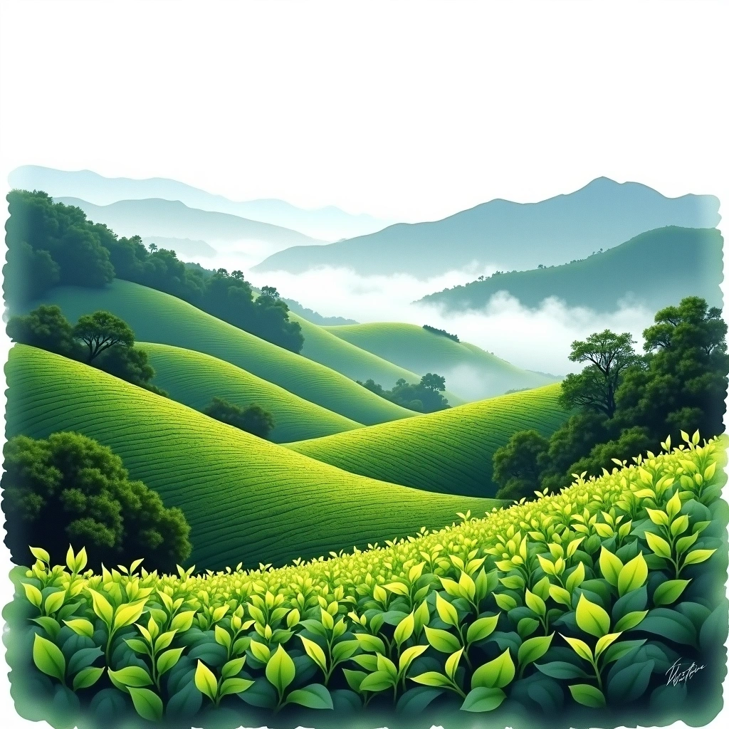 Nantou tea growing region — watercolor illustration