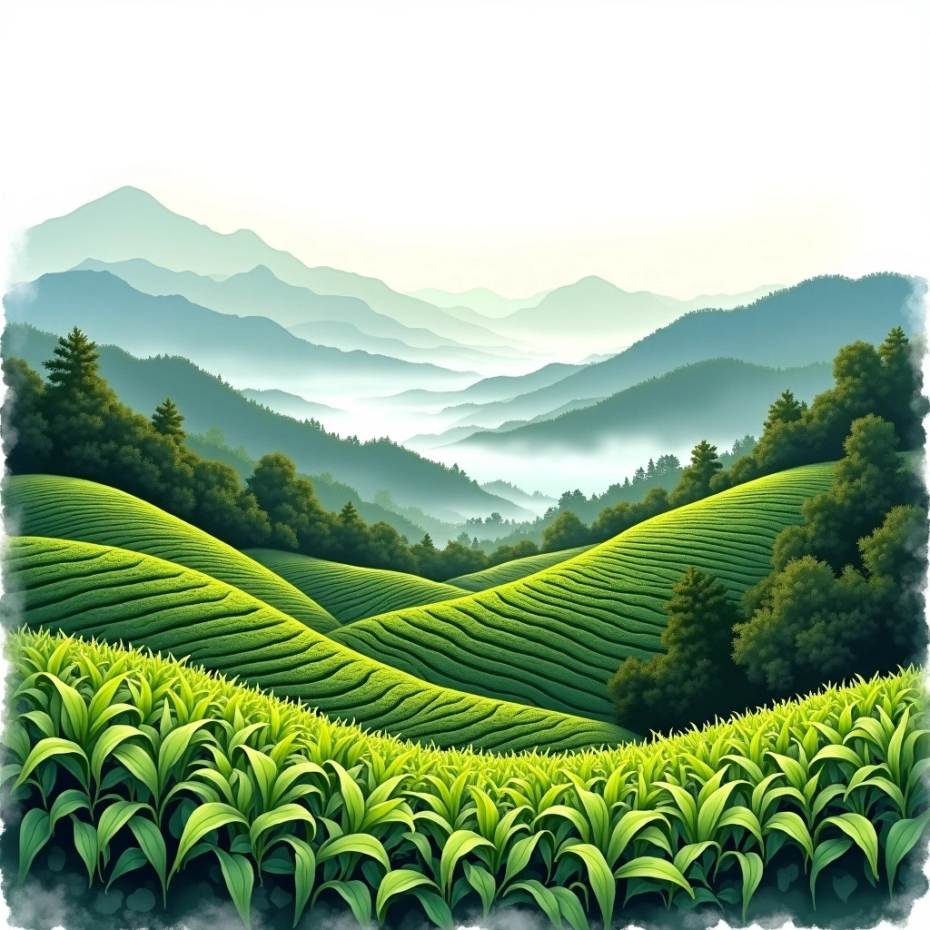 Thai Nguyen tea growing region — watercolor illustration