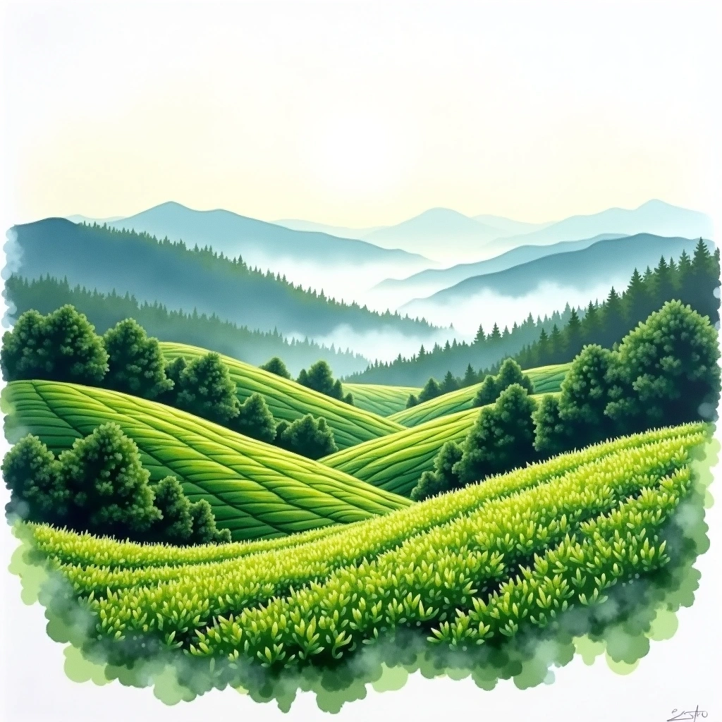 Uji, Kyoto tea growing region — watercolor illustration