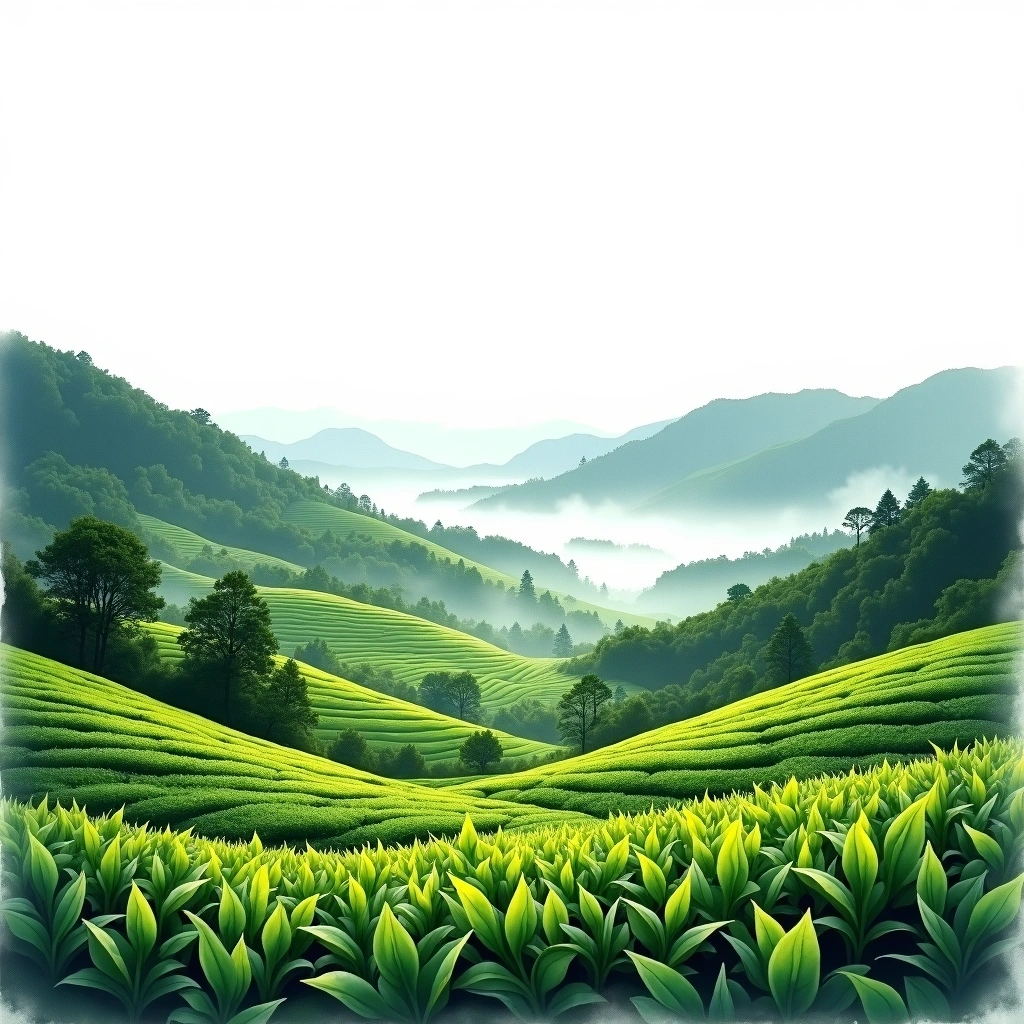Yunnan Xishuangbanna tea growing region — watercolor illustration