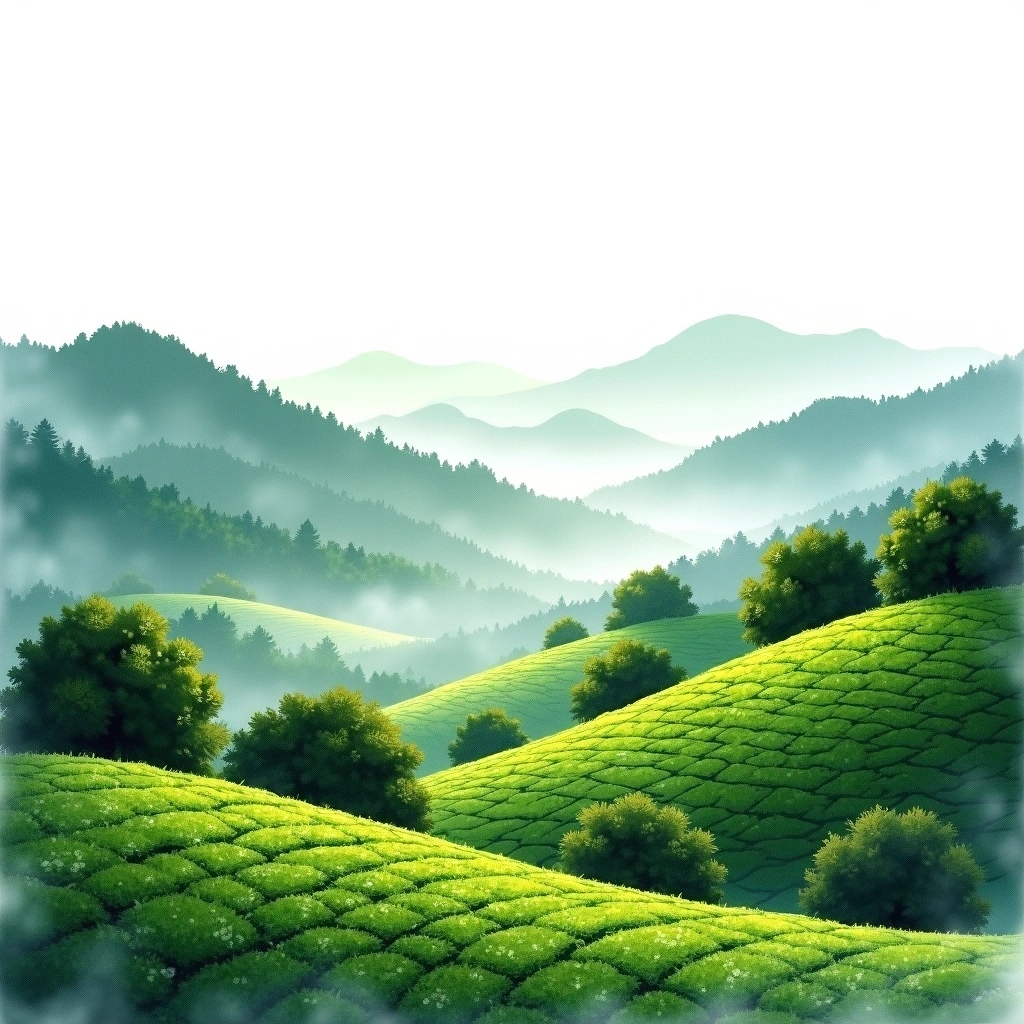 Zhejiang West Lake tea growing region — watercolor illustration