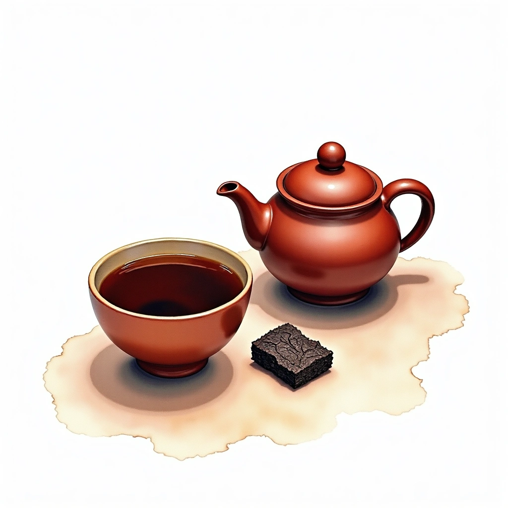 Pu-erh (Shou / Ripe) dark tea tea — watercolor illustration
